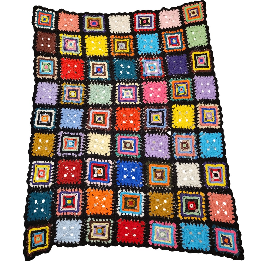 Vintage Handmade Crochet Granny Square Afghan Throw Blanket Multicolor 54x66